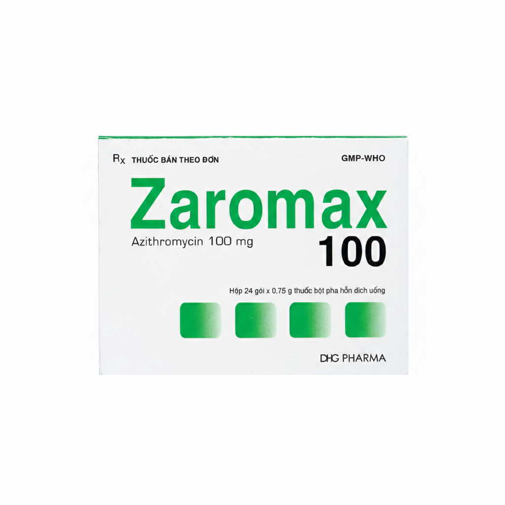 Bột pha hỗn dịch uống Zaromax 100 DHG Pharma điều trị viêm phế quản, viêm phổi (24 gói)