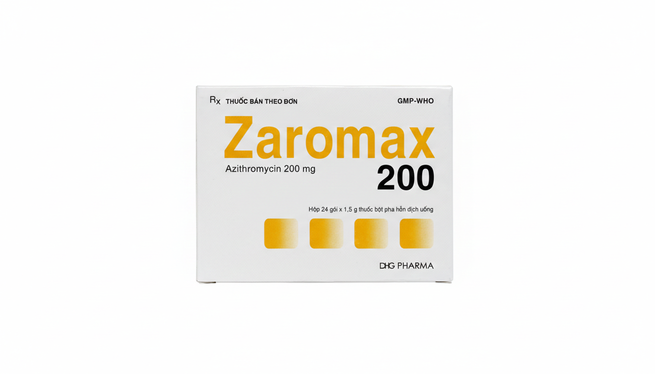Bột pha hỗn dịch uống Zaromax 200 DHG Pharma điều trị viêm phế quản, viêm phổi (24 gói)