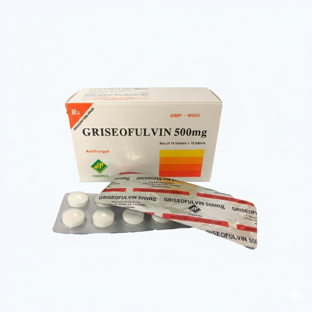 Thuốc Griseofulvin 500mg Vidipha điều trị các bệnh nấm da, tóc, lông, móng tay, móng chân (2 vỉ x 10 viên)