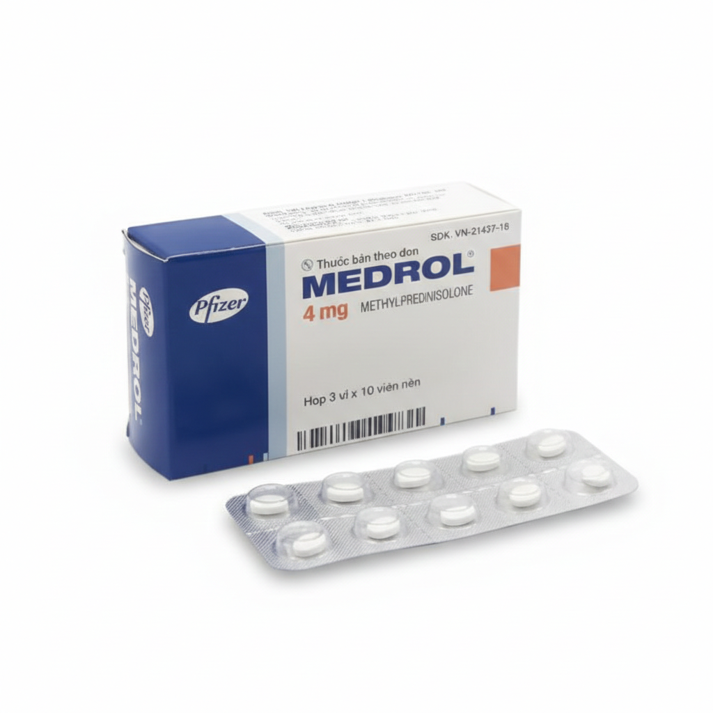 Thuốc Medrol 4mg Pfizer kháng viêm, điều trị rối loạn nội tiết, viêm tuyến giáp (3 vỉ x 10 viên)