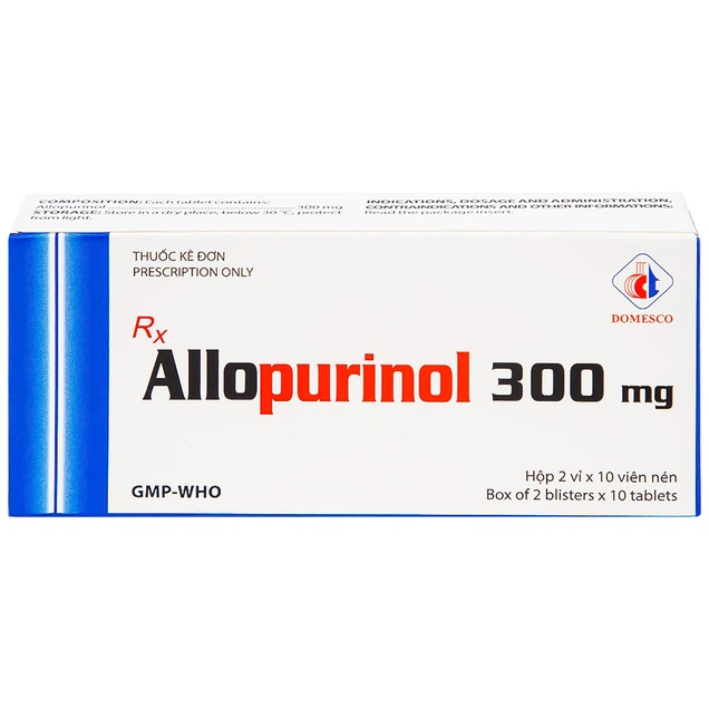 Thuốc Allopurinol 300mg Domesco điều trị tăng acid uric máu, sỏi thận (2 vỉ x 10 viên)