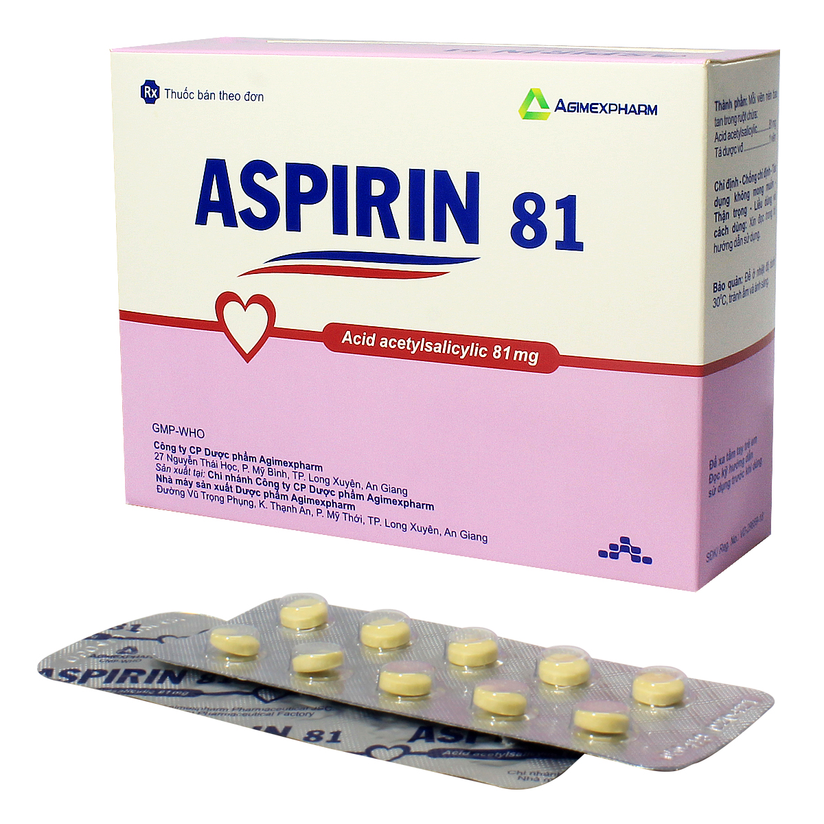 Thuốc Aspirin 81 Agimexpharm phòng ngừa nhồi máu cơ tim, đột quỵ (20 vỉ x 10 viên)