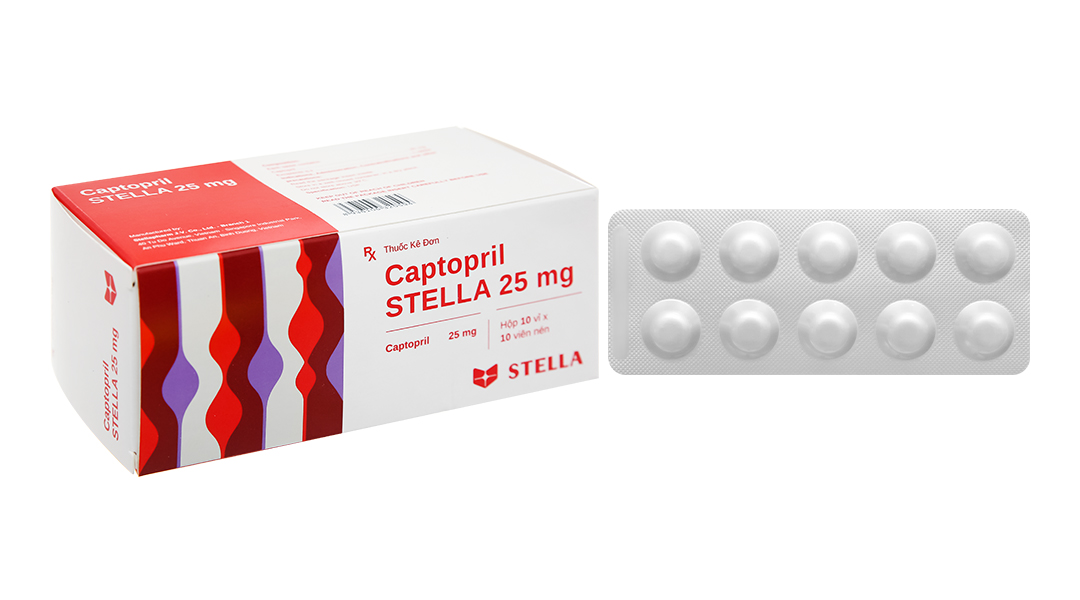 Thuốc Captopril STELLA 25 mg điều trị tăng huyết áp, suy tim sung huyết, nhồi máu cơ tim (10 vỉ x 10 viên)