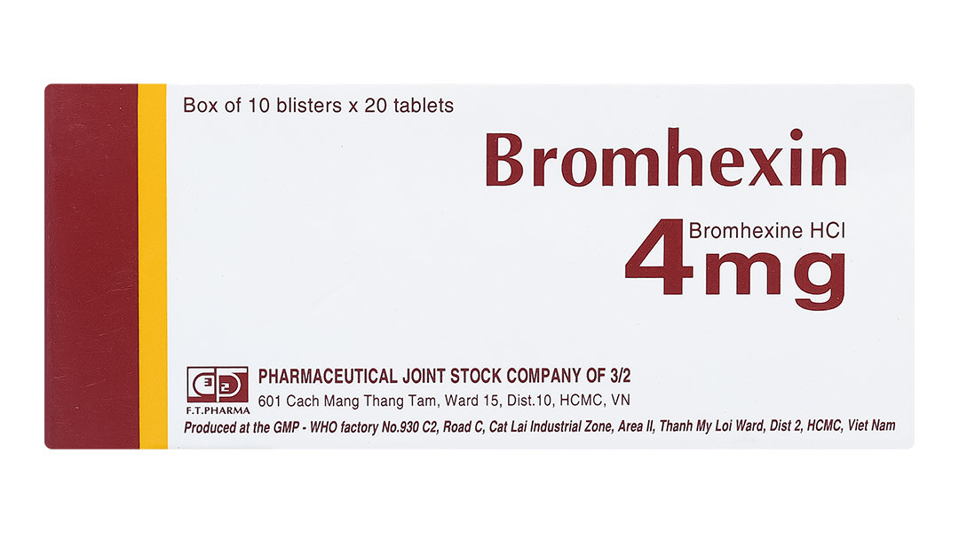 Thuốc Bromhexin 4mg Dược 3-2 tan đàm trong viêm khí phế quản, viêm phế quản mạn tính (10 vỉ x 20 viên)