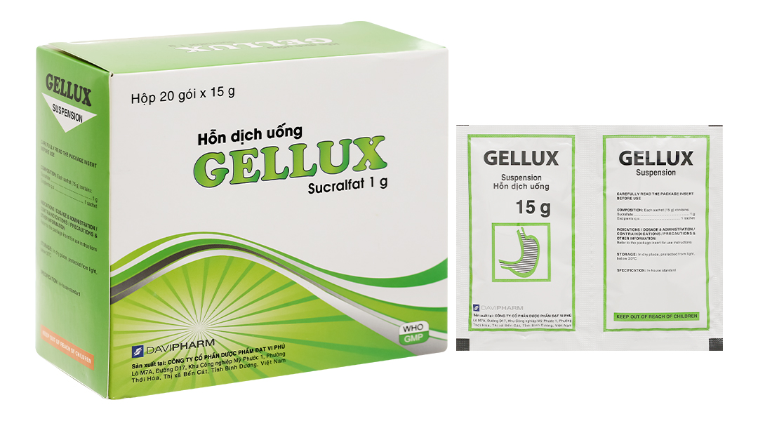 Hỗn dịch uống Gellux 1g Davipharm điều trị ngắn ngày loét tá tràng, dạ dày lành tính (20 gói x 15g)