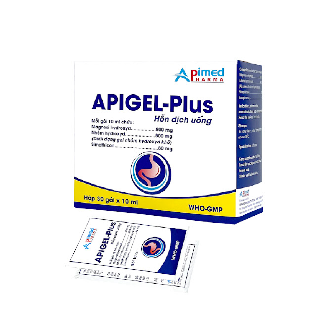 Hỗn dịch uống Apigel-Plus Apimed điều trị viêm dạ dày cấp tính - mãn tính, trào ngược dạ dày thực quản (30 gói x 10ml)