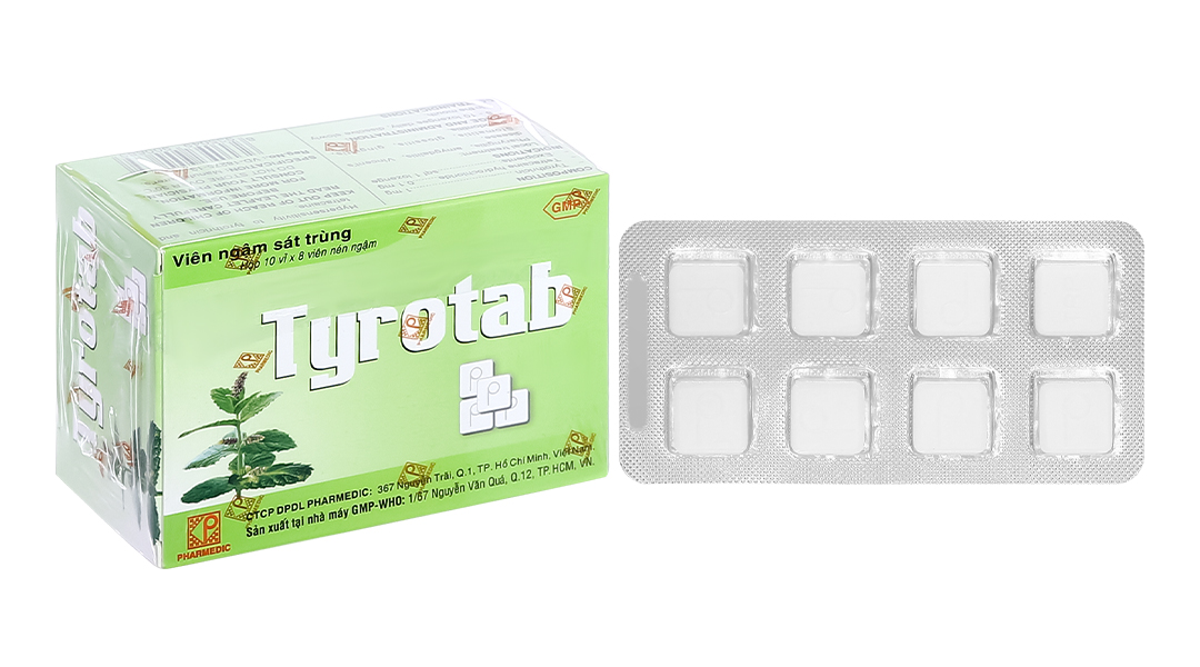 Viên ngậm sát trùng Tyrotab Pharmedic điều trị viêm họng, viêm amidan (10 vỉ x 8 viên)