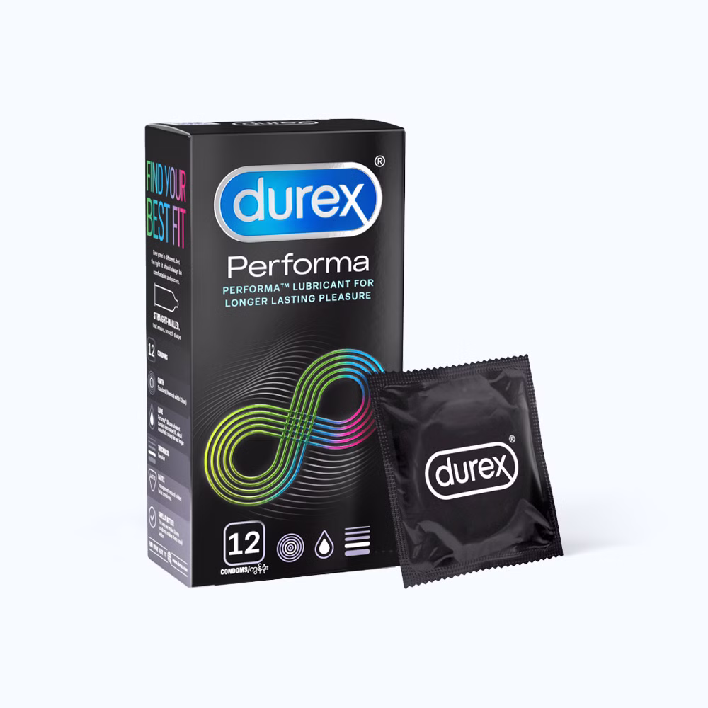 Bao cao su Durex Performa chứa nhiều gel làm mát, kéo dài thời gian quan hệ (12 cái)