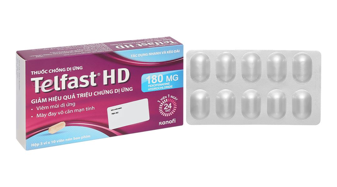Thuốc chống dị ứng Telfast HD 180mg Sanofi giảm triệu chứng viêm mũi dị ứng, mày đay vô căn mạn tính (3 vỉ x 10 viên)