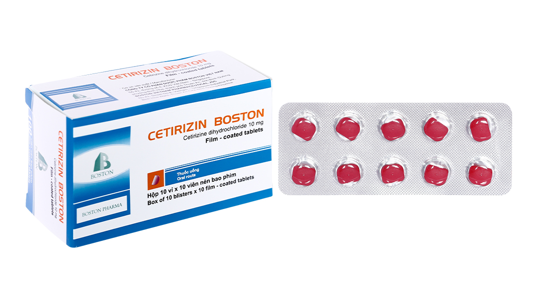 Cetirizin Boston 10mg giảm triệu chứng viêm mũi dị ứng, mày đay (10 vỉ x 10 viên)