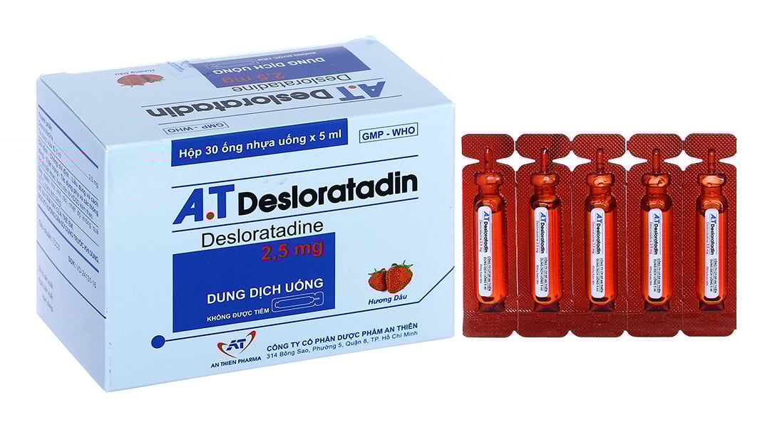 Dung dịch uống A.T Desloratadin 2.5mg An Thiên giảm viêm mũi dị ứng, nổi mày đay mạn tính (30 ống x 5ml)