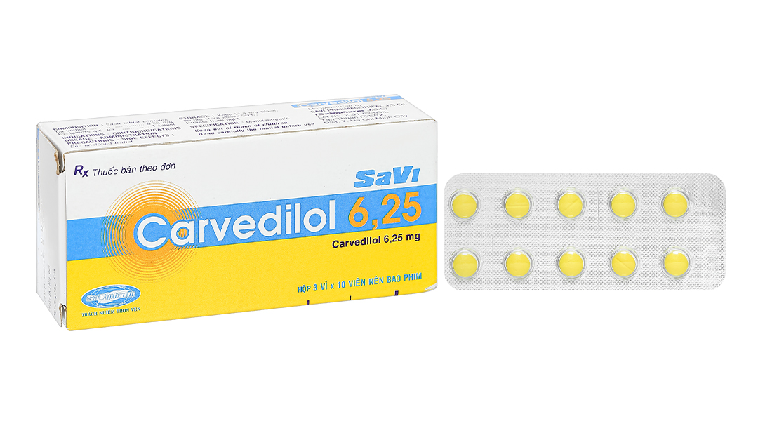 Thuốc Carvedilol 6.25 Savi điều trị tăng huyết áp, suy tim sung huyết (3 vỉ x 10 viên)